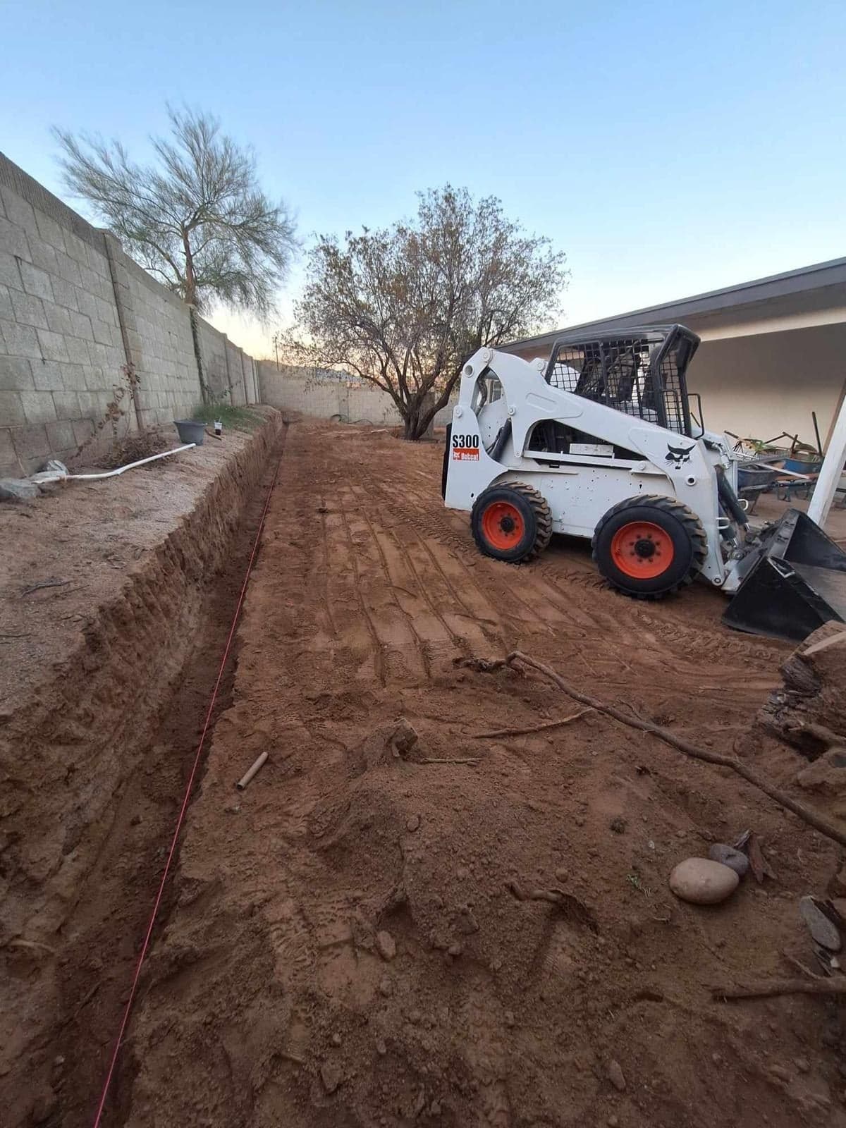 Phillip's Landscaping Bobcat S300 skid steer grading and trenching a Chandler, Arizona backyard